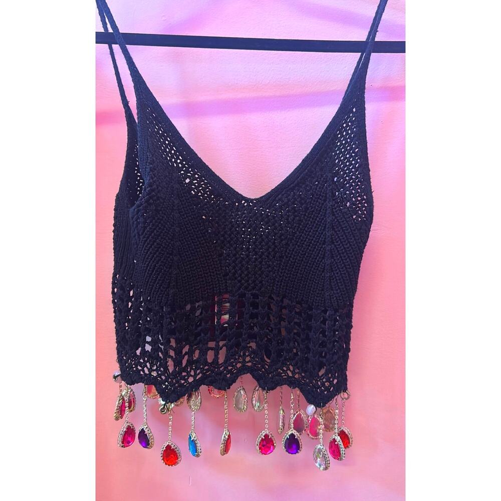 Upcycled Jeweled Papaya Crochet Tank Top 100% Cotton S